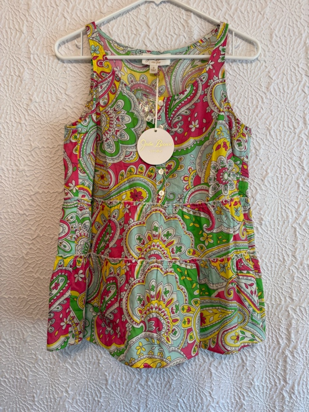 JB by Julie Brown Tiara Multicolor Paisley Popover Top - Pink, Green, Yellow